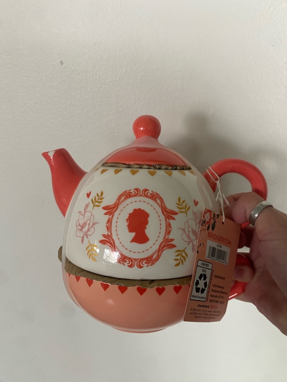 Bridgerton Ceramic Tea For One Set - Pink/Coral Cameo Teapot and Cup. NEW.